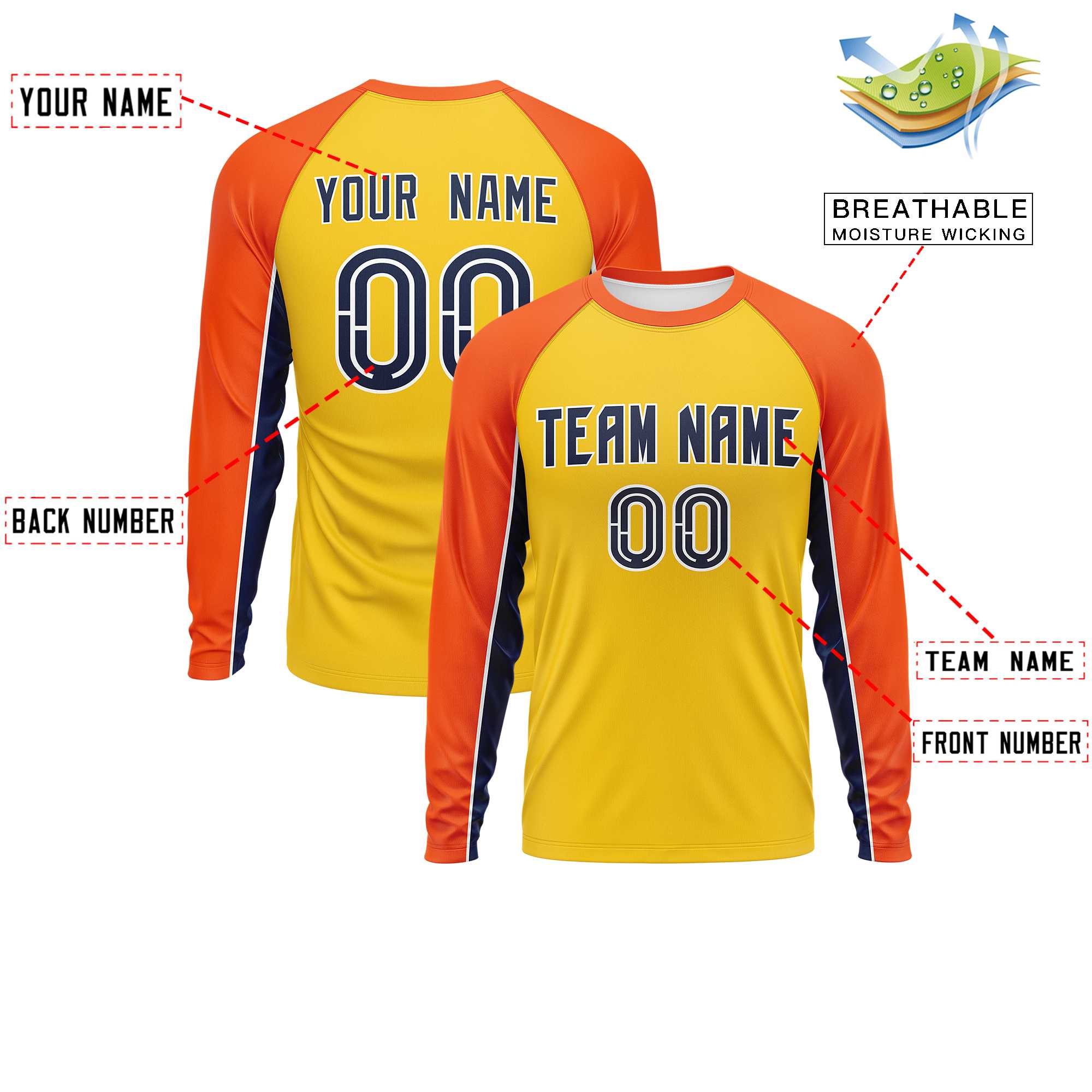 Custom Gold Orange Crew Neck Raglan Long Sleeve Performance T-Shirt