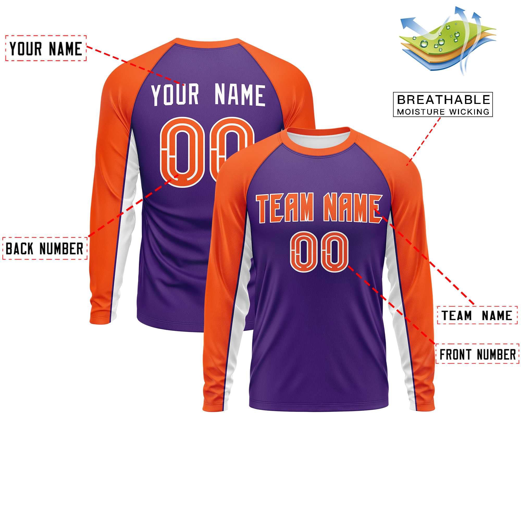 Custom Purple Orange Crew Neck Raglan Long Sleeve Performance T-Shirt