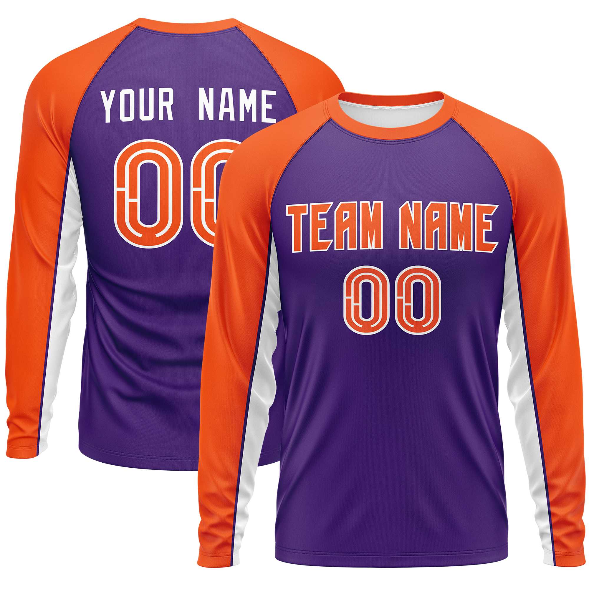 Custom Purple Orange Crew Neck Raglan Long Sleeve Performance T-Shirt