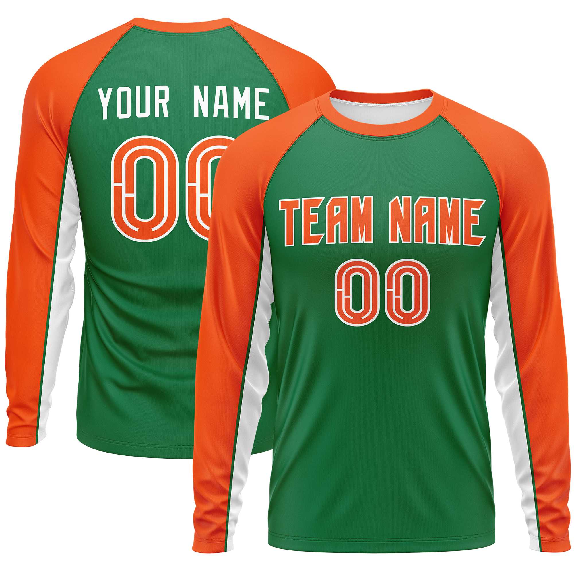 Custom Kelly Green Orange Crew Neck Raglan Long Sleeve Performance T-Shirt