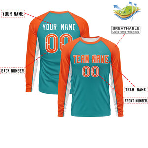 Custom Aqua Orange Crew Neck Raglan Long Sleeve Performance T-Shirt