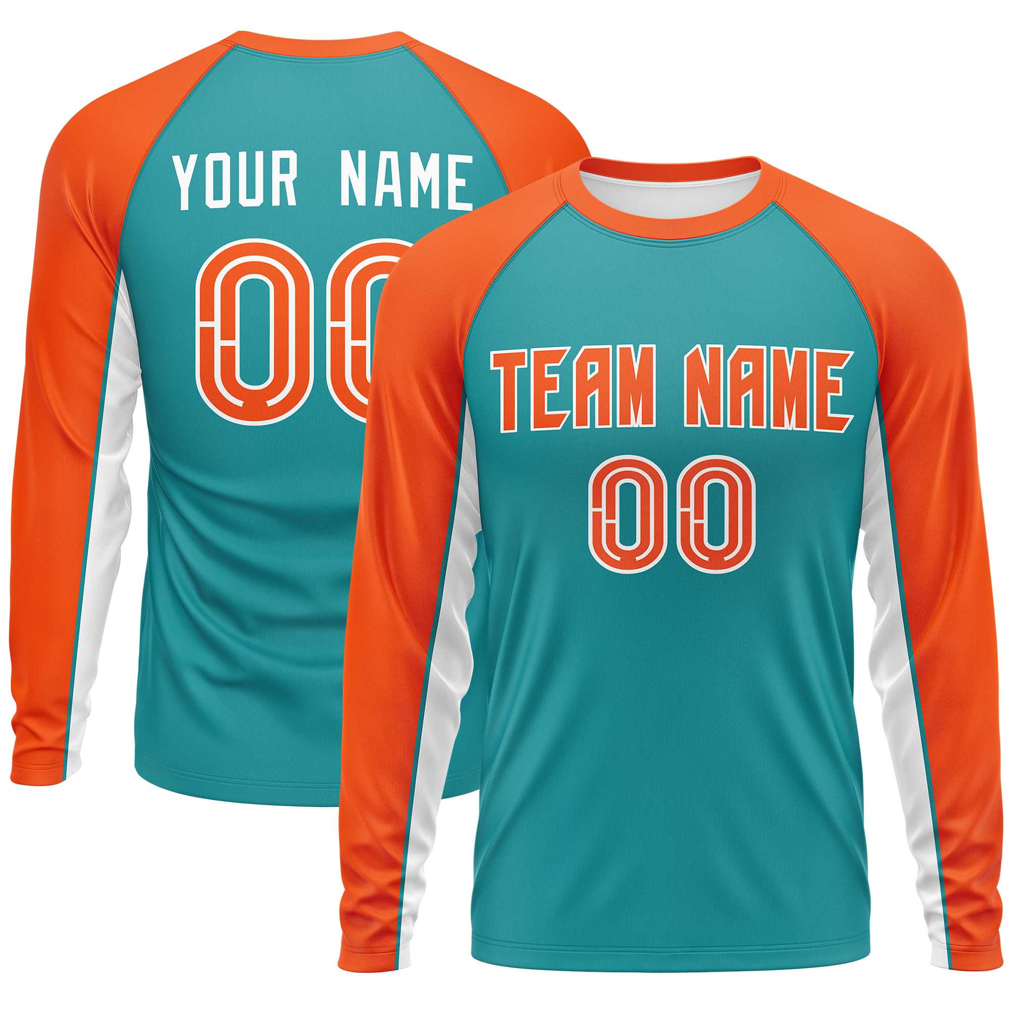 Custom Aqua Orange Crew Neck Raglan Long Sleeve Performance T-Shirt