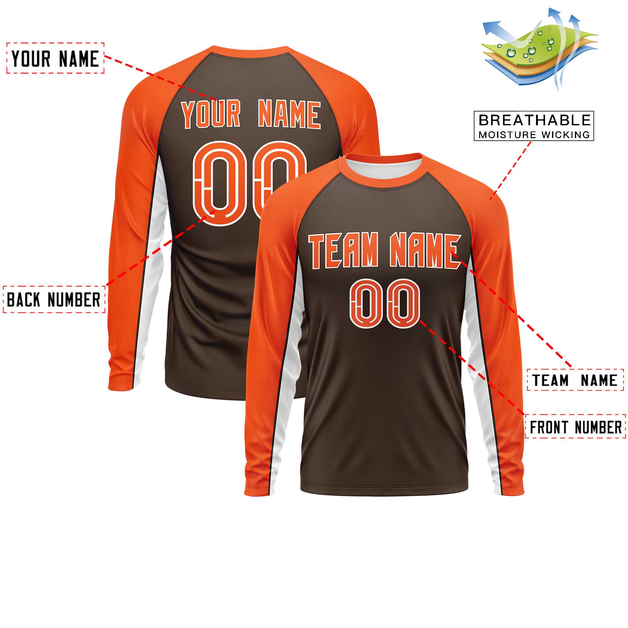 Custom Brown Orange Crew Neck Raglan Long Sleeve Performance T-Shirt