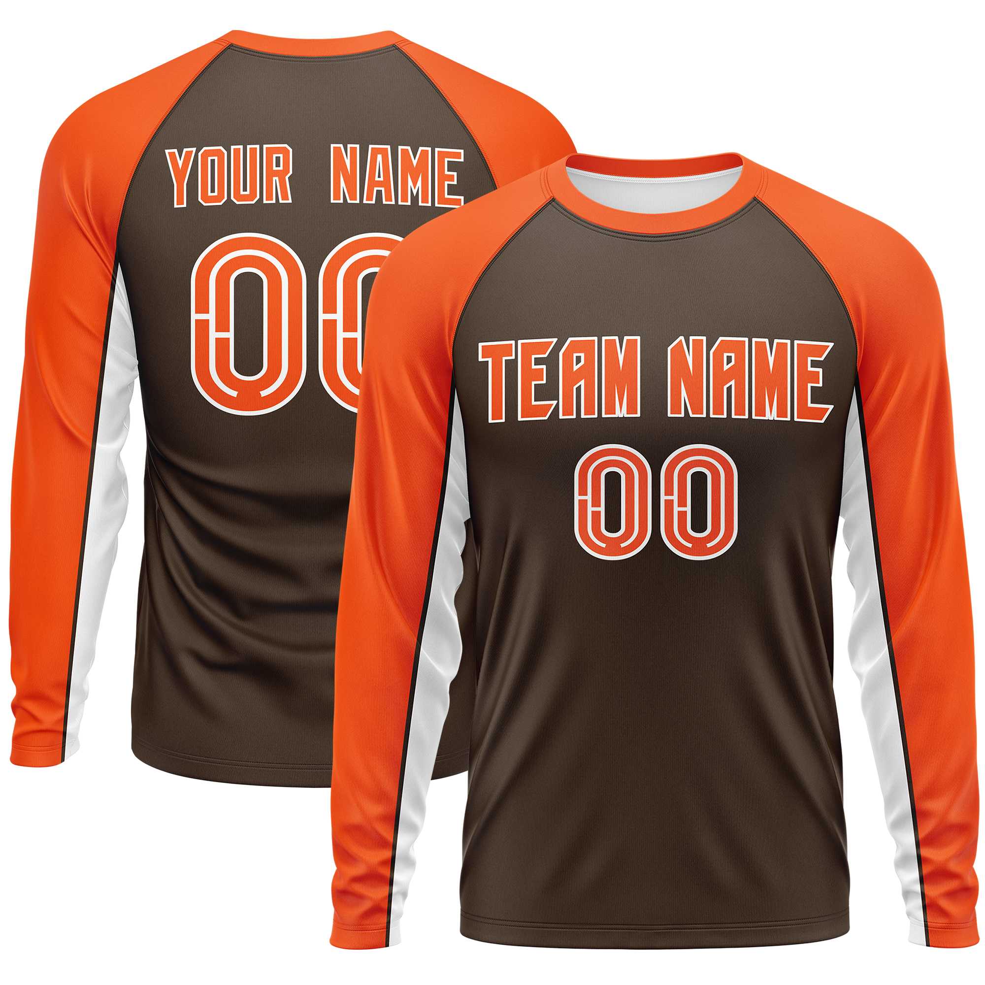 Custom Brown Orange Crew Neck Raglan Long Sleeve Performance T-Shirt