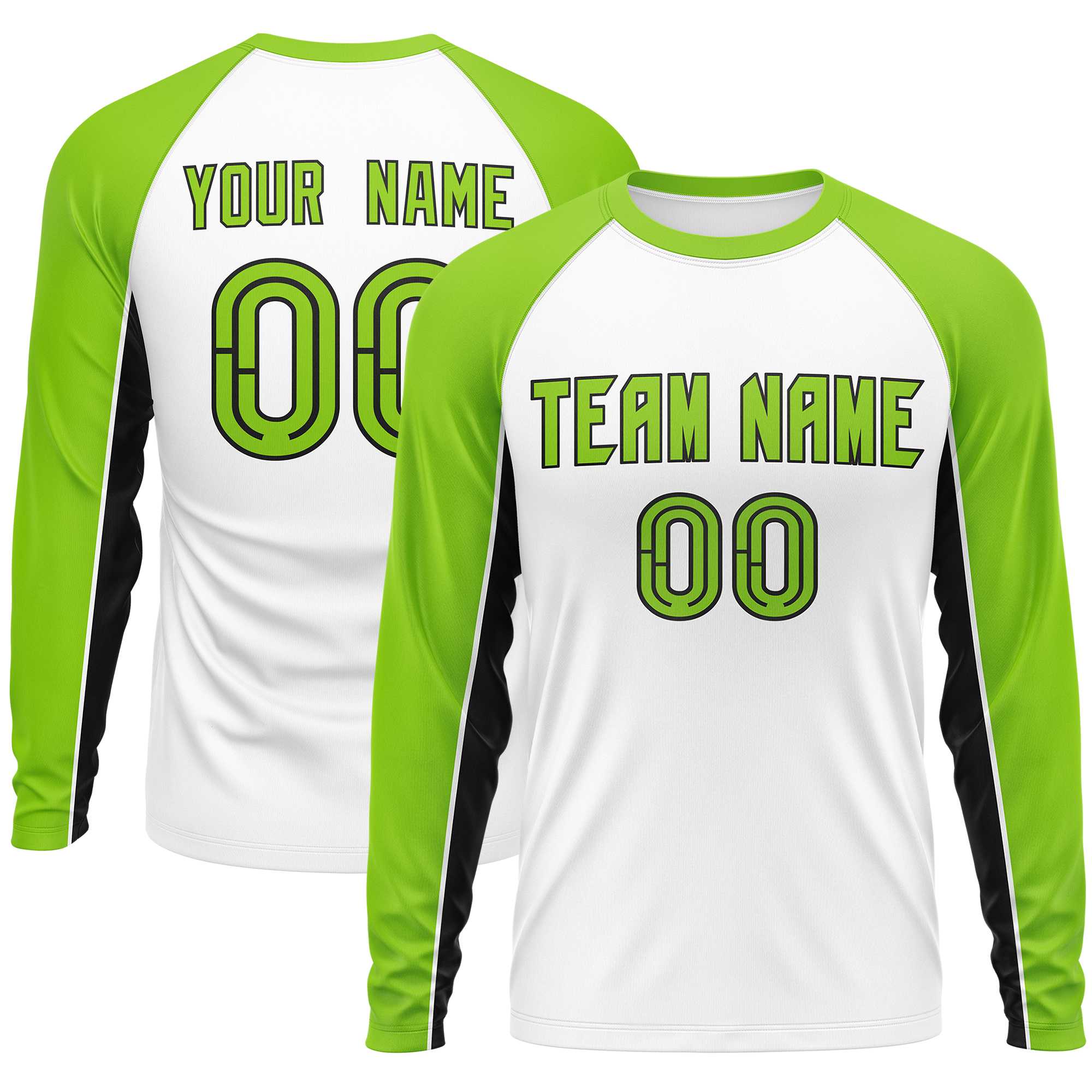 Custom White Neon Green Crew Neck Raglan Long Sleeve Performance T-Shirt