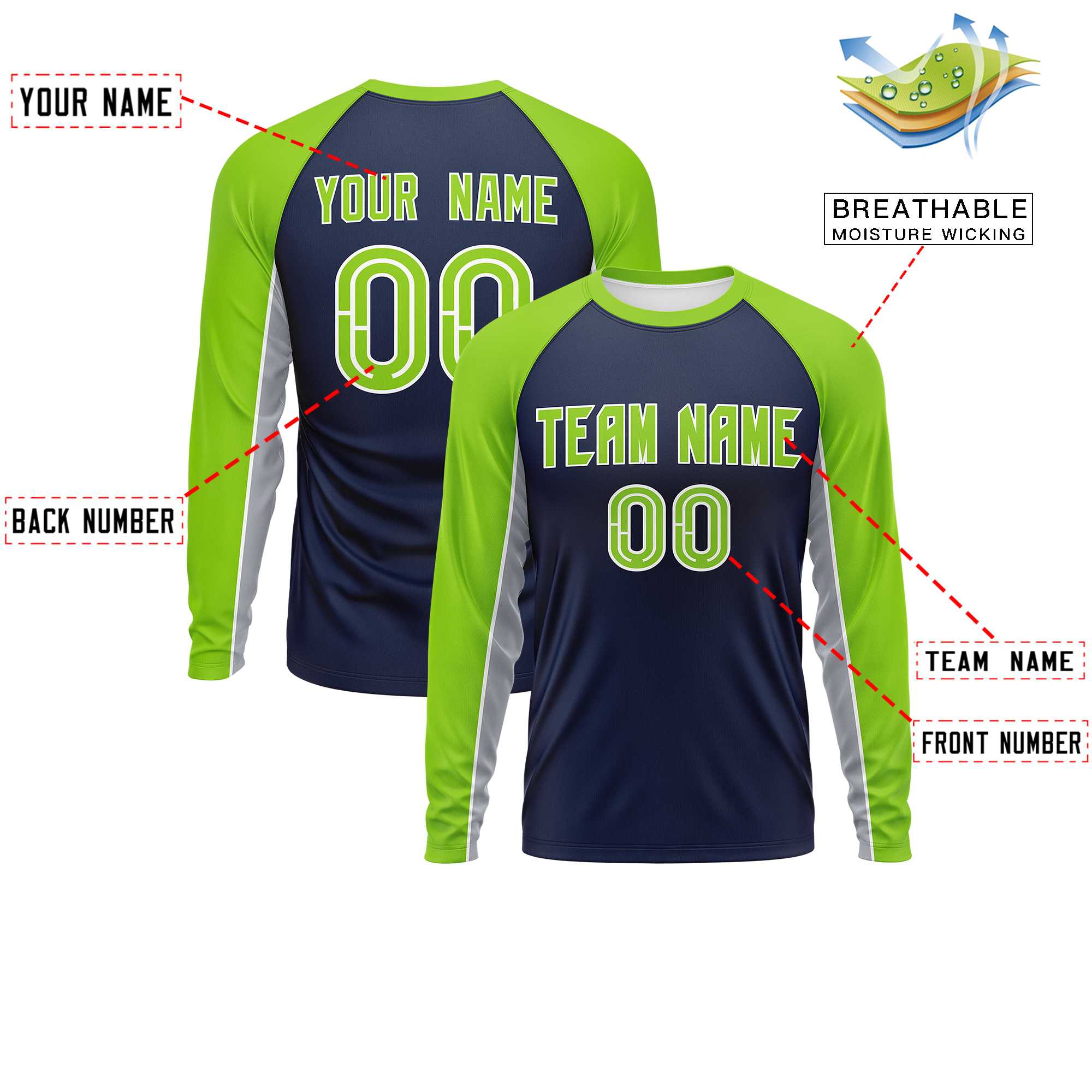 Custom Navy Neon Green Crew Neck Raglan Long Sleeve Performance T-Shirt