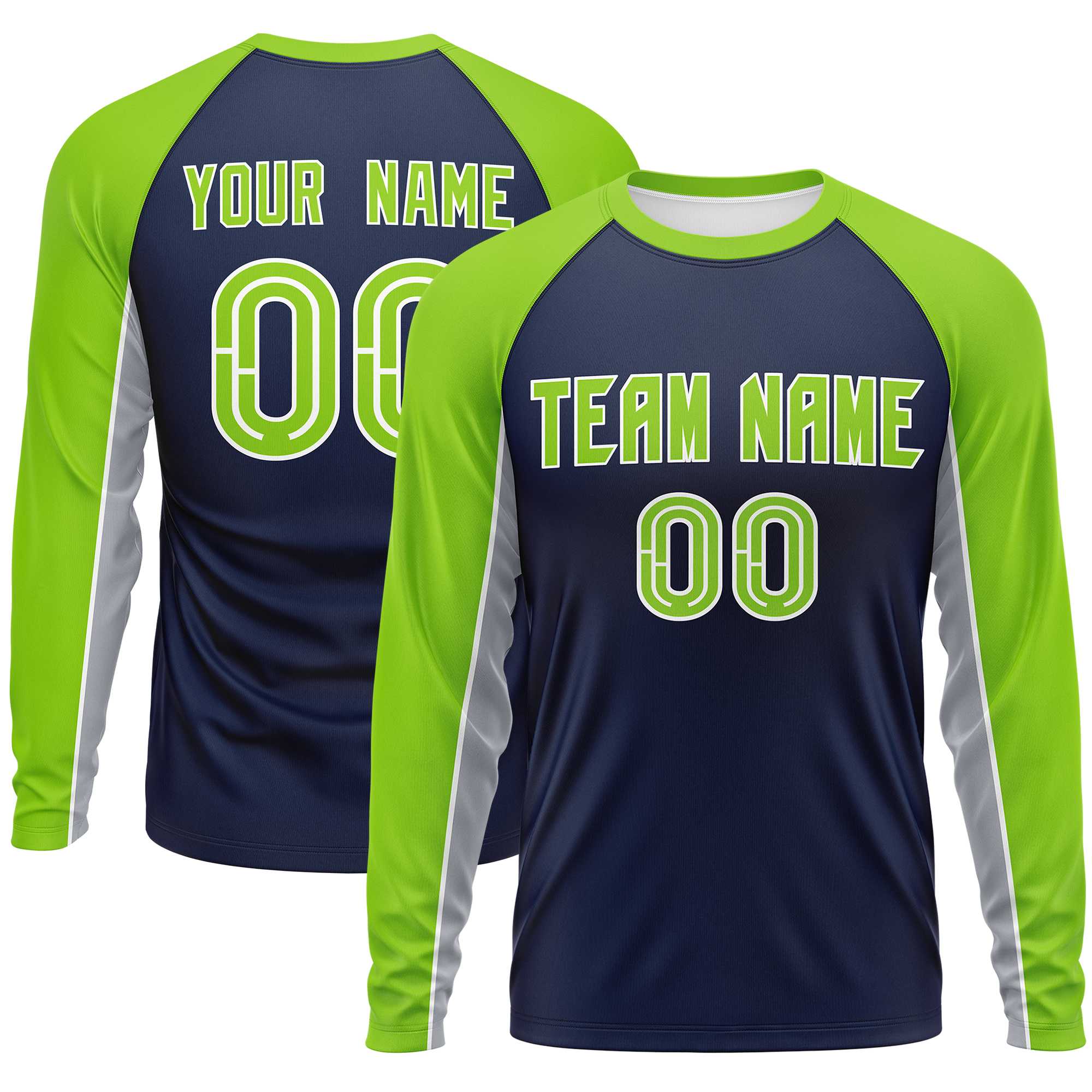 Custom Navy Neon Green Crew Neck Raglan Long Sleeve Performance T-Shirt