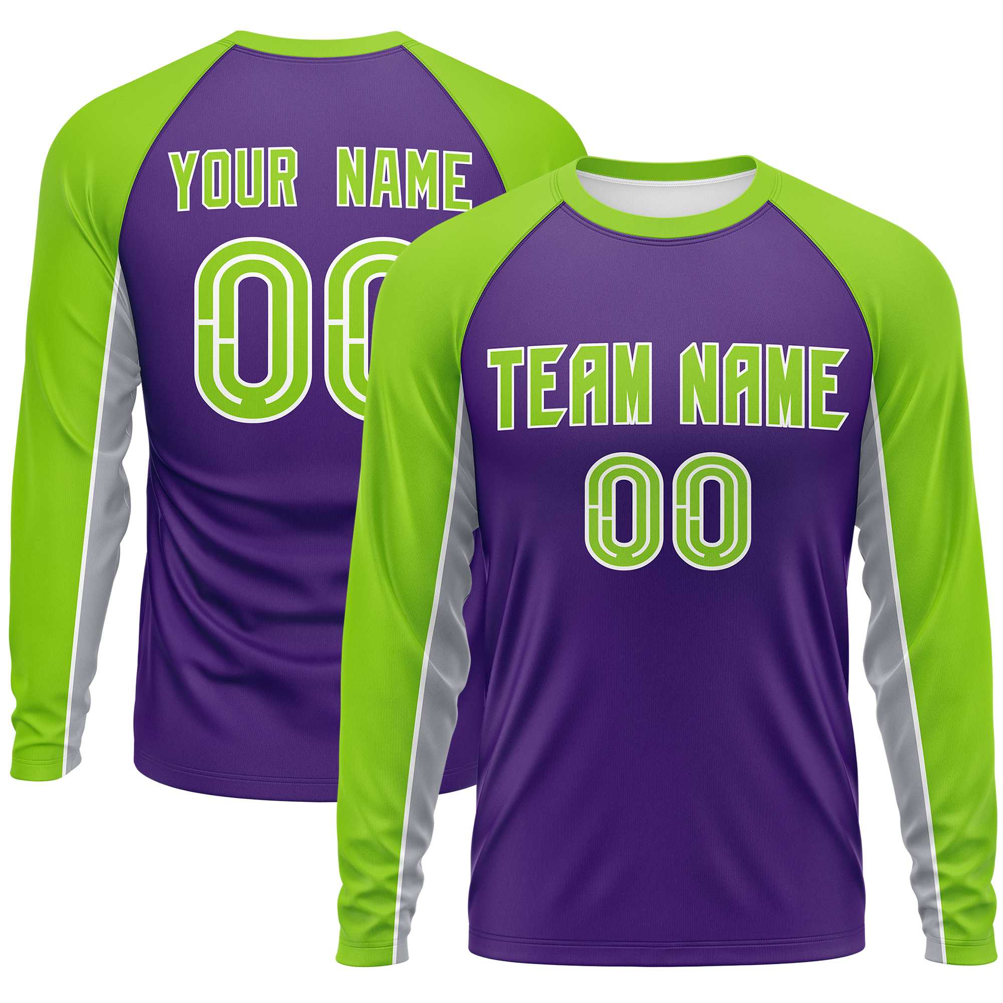 Custom Purple Neon Green Crew Neck Raglan Long Sleeve Performance T-Shirt