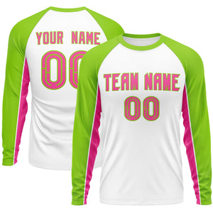 Custom White Neon Green Crew Neck Raglan Long Sleeve Performance T-Shirt