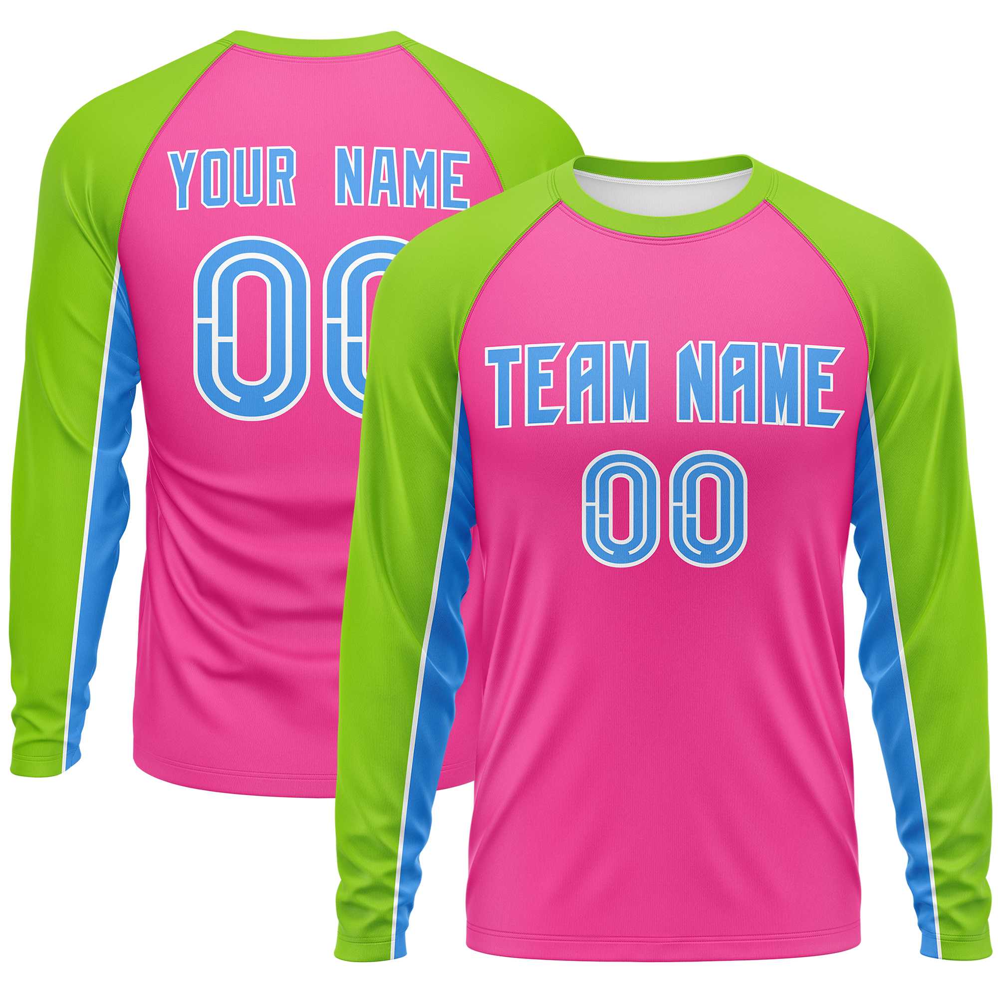 Custom Pink Neon Green Crew Neck Raglan Long Sleeve Performance T-Shirt