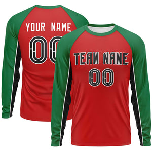 Custom Red Kelly Green Crew Neck Raglan Long Sleeve Performance T-Shirt