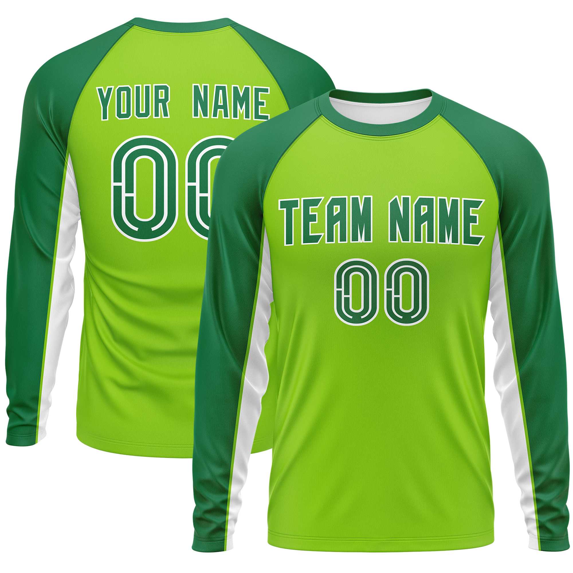 Custom Neon Green Kelly Green Crew Neck Raglan Long Sleeve Performance T-Shirt