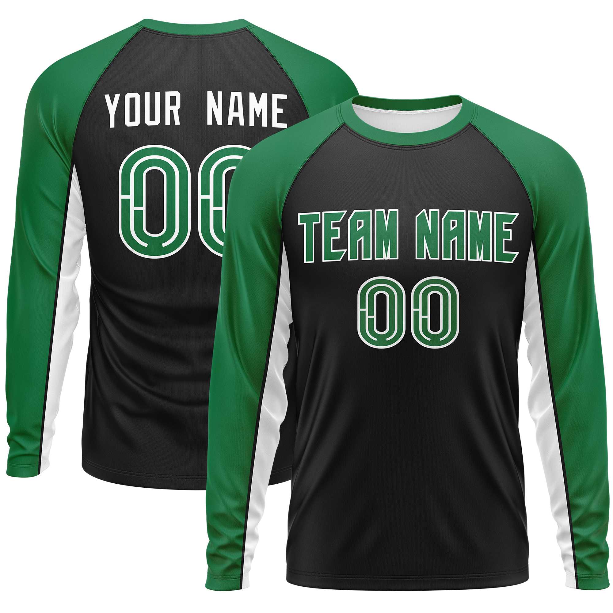 Custom Black Kelly Green Crew Neck Raglan Long Sleeve Performance T-Shirt