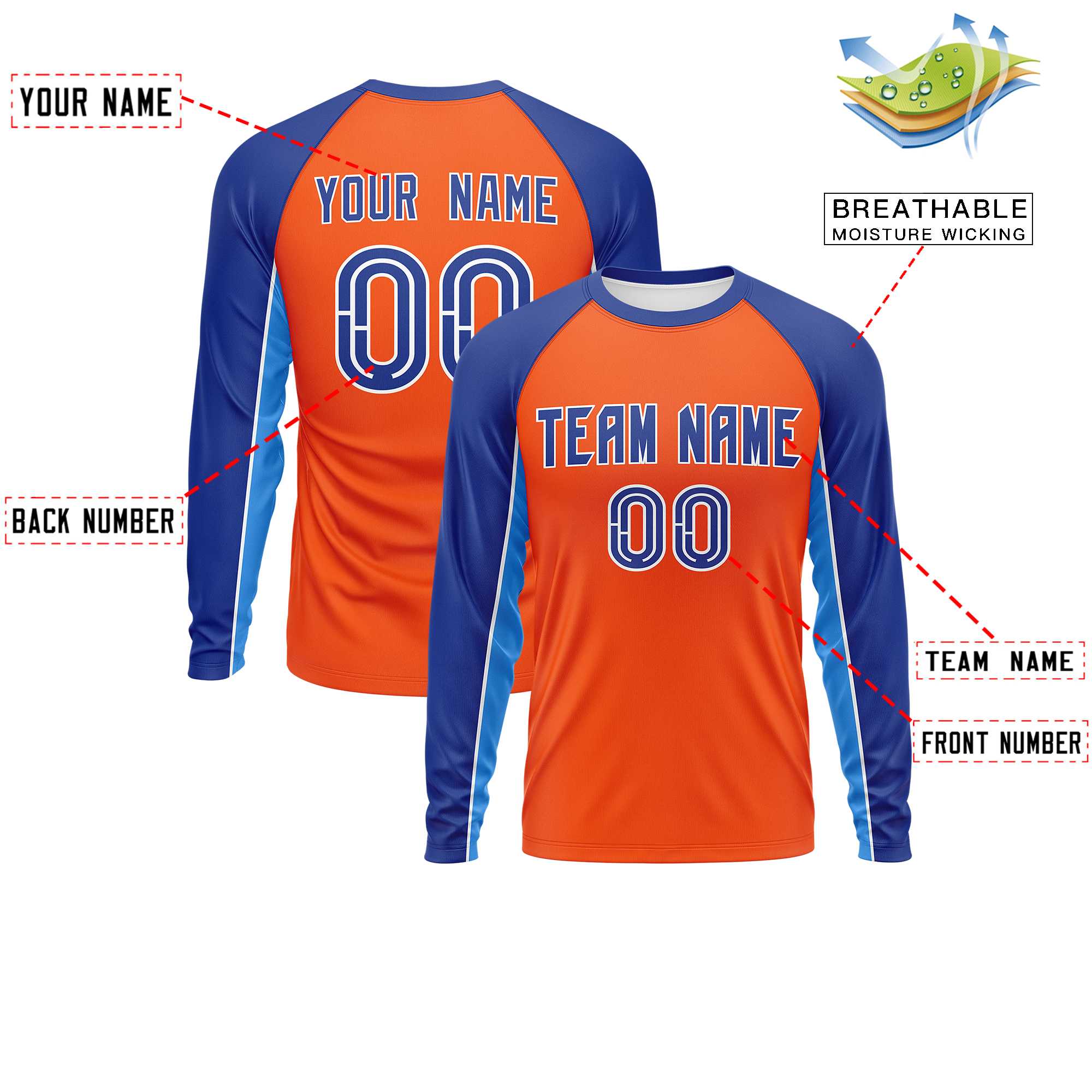 Custom Orange Royal Crew Neck Raglan Long Sleeve Performance T-Shirt