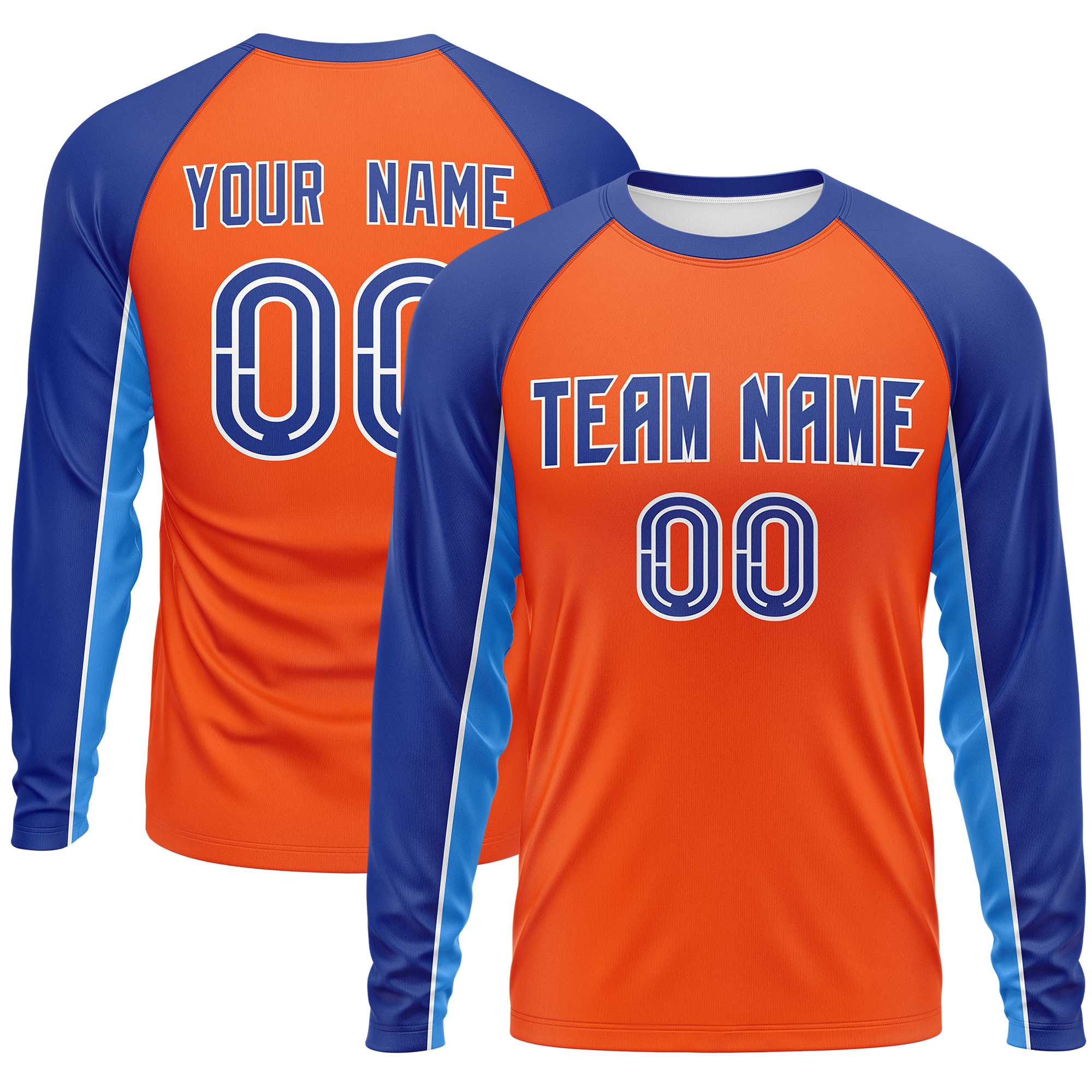 Custom Orange Royal Crew Neck Raglan Long Sleeve Performance T-Shirt