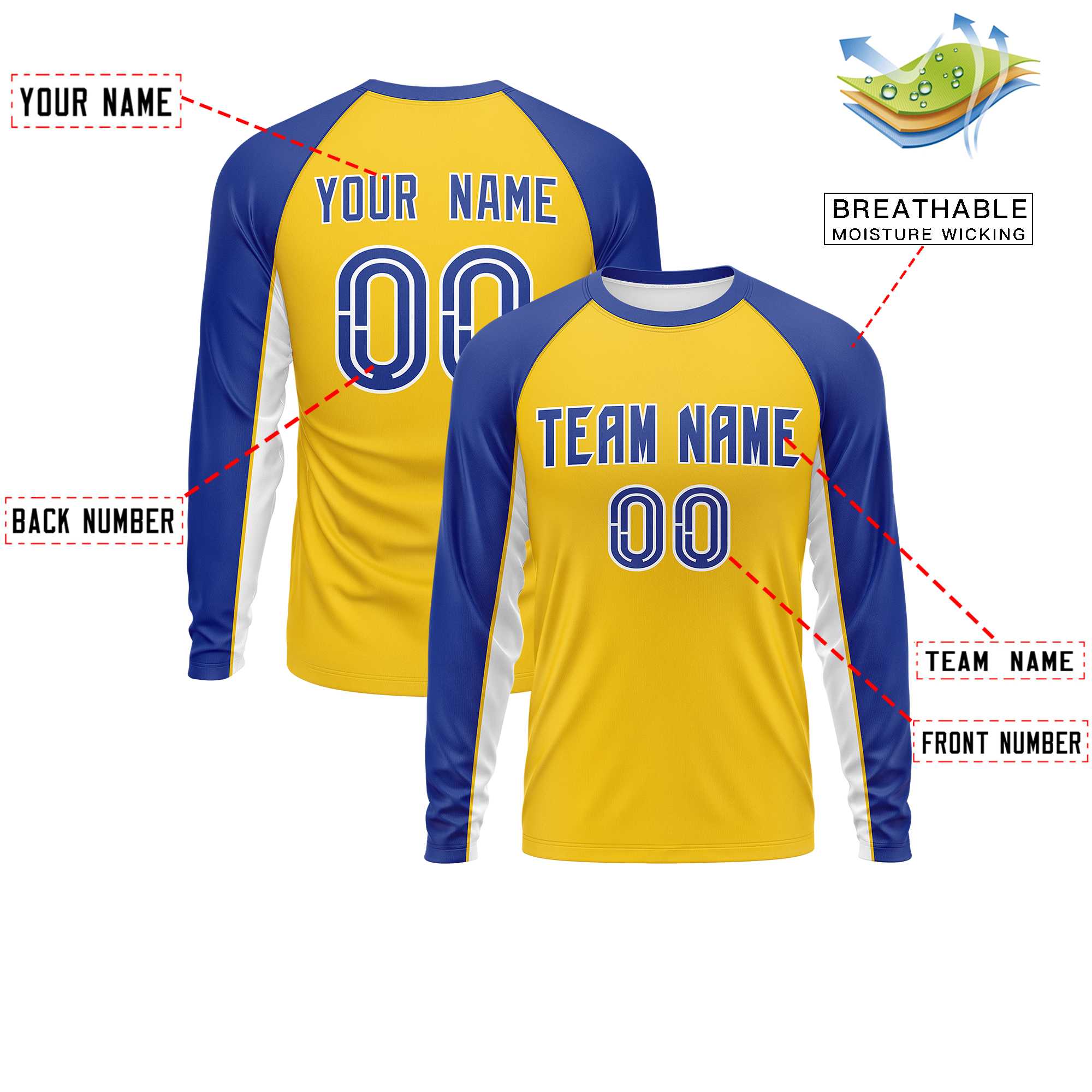 Custom Gold Royal Crew Neck Raglan Long Sleeve Performance T-Shirt