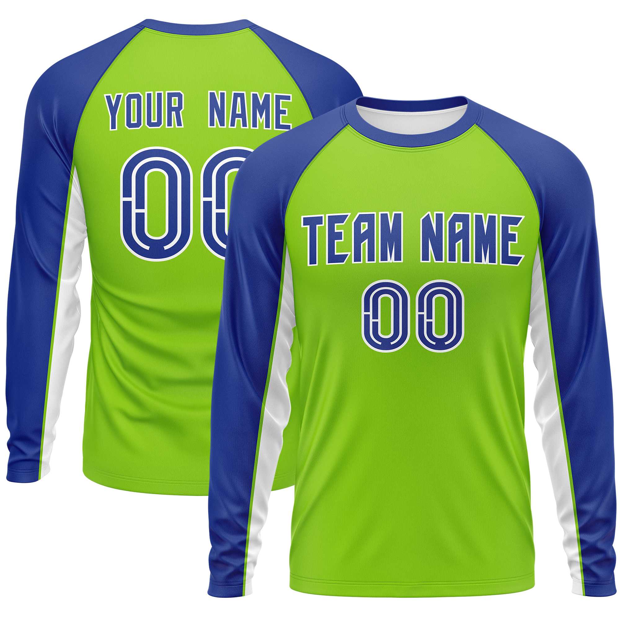 Custom Neon Green Royal Crew Neck Raglan Long Sleeve Performance T-Shirt