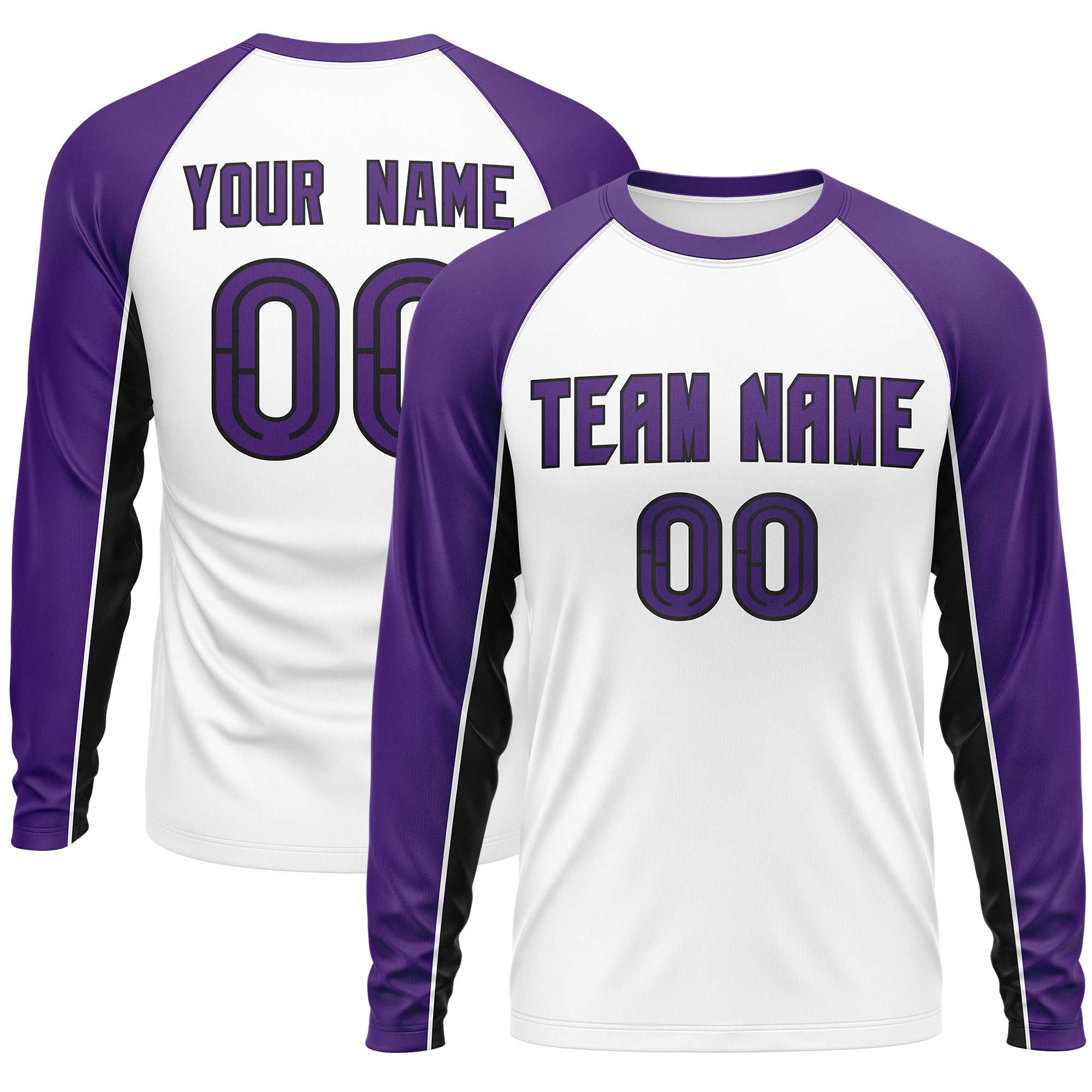 Custom White Purple Crew Neck Raglan Long Sleeve Performance T-Shirt