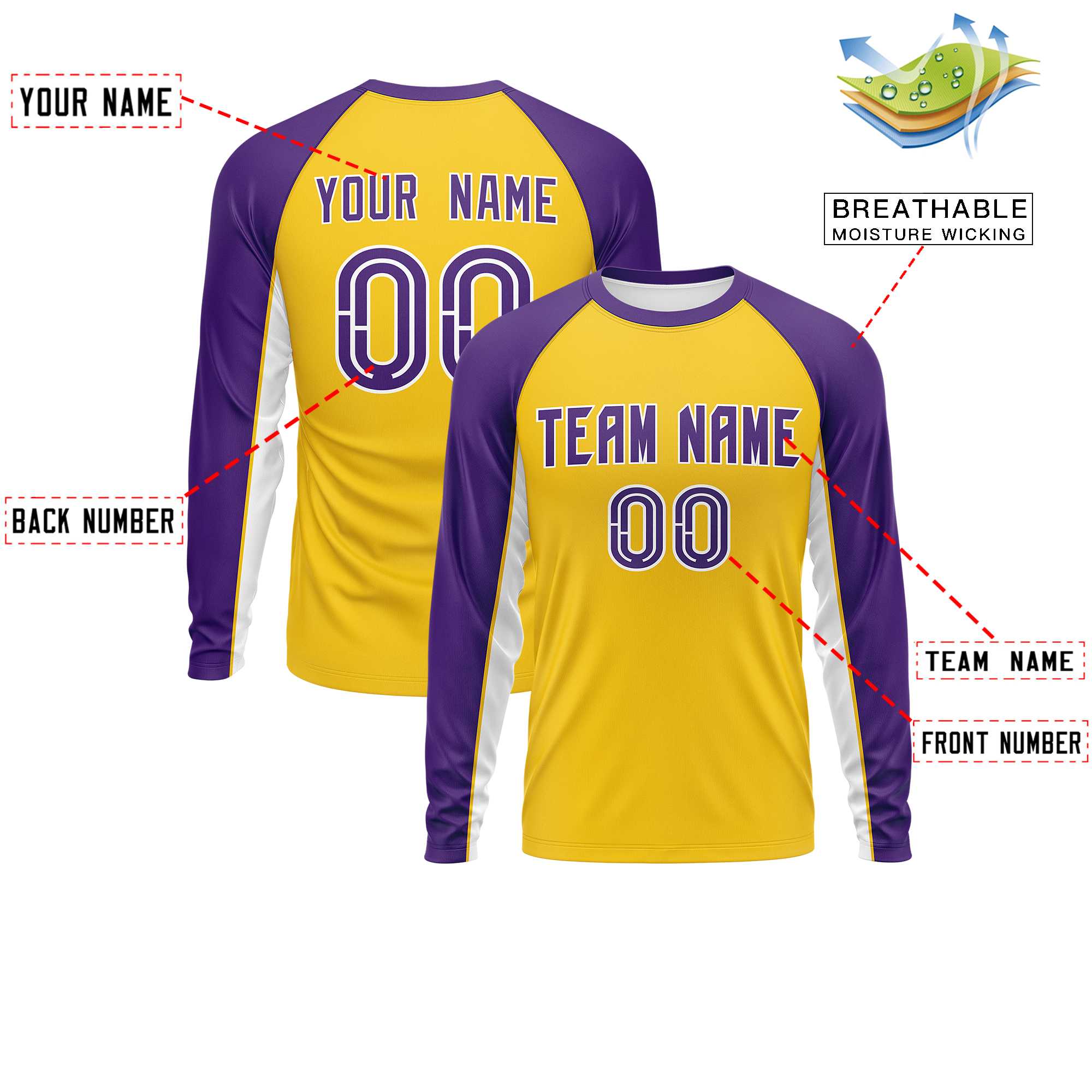 Custom Gold Purple Crew Neck Raglan Long Sleeve Performance T-Shirt