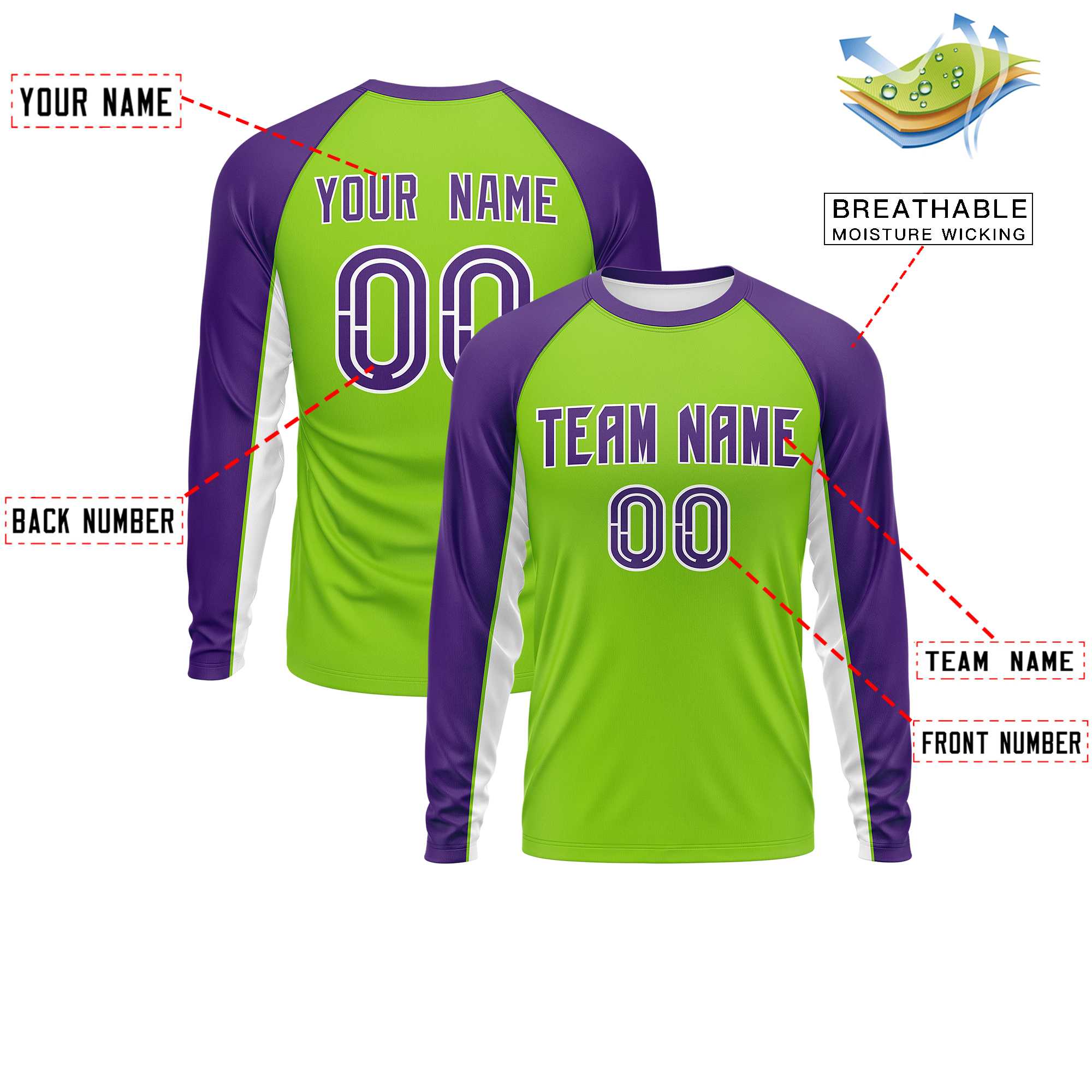 Custom Neon Green Purple Crew Neck Raglan Long Sleeve Performance T-Shirt