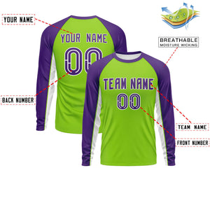 Custom Neon Green Purple Crew Neck Raglan Long Sleeve Performance T-Shirt