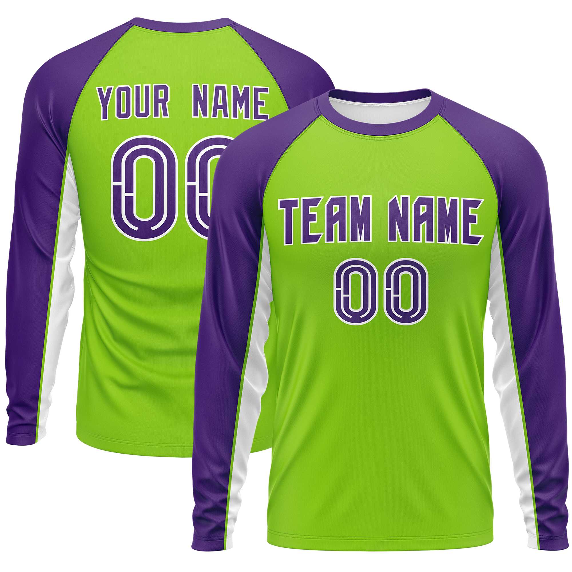 Custom Neon Green Purple Crew Neck Raglan Long Sleeve Performance T-Shirt