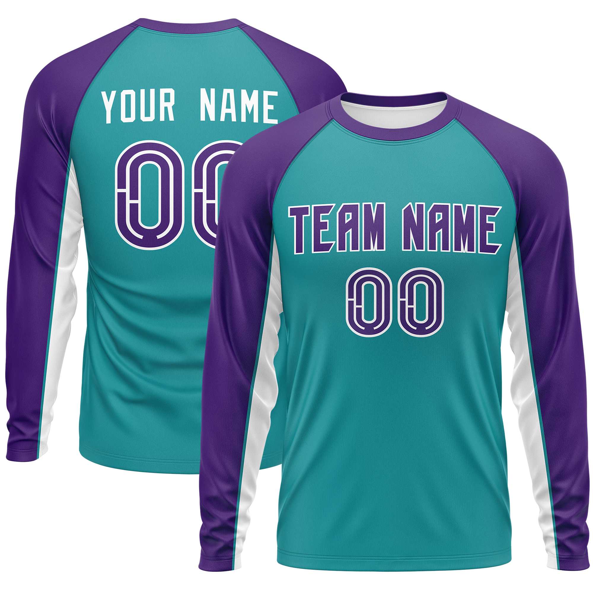 Custom Aqua Purple Crew Neck Raglan Long Sleeve Performance T-Shirt