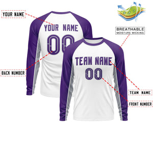 Custom White Purple Crew Neck Raglan Long Sleeve Performance T-Shirt