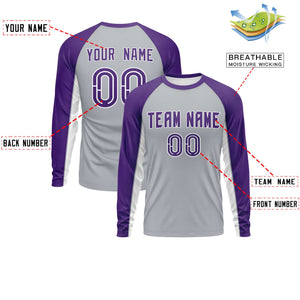 Custom Gray Purple Crew Neck Raglan Long Sleeve Performance T-Shirt