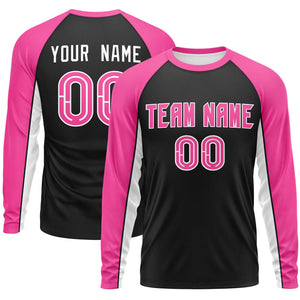 Custom Black Pink Crew Neck Raglan Long Sleeve Performance T-Shirt