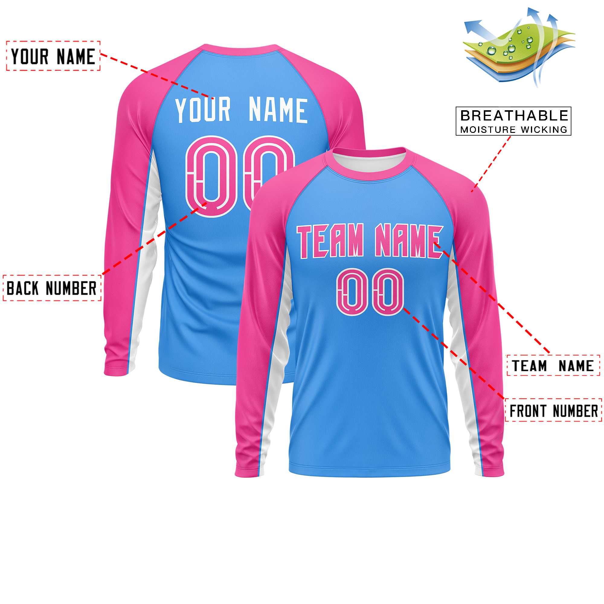 Custom Powder Blue Pink Crew Neck Raglan Long Sleeve Performance T-Shirt