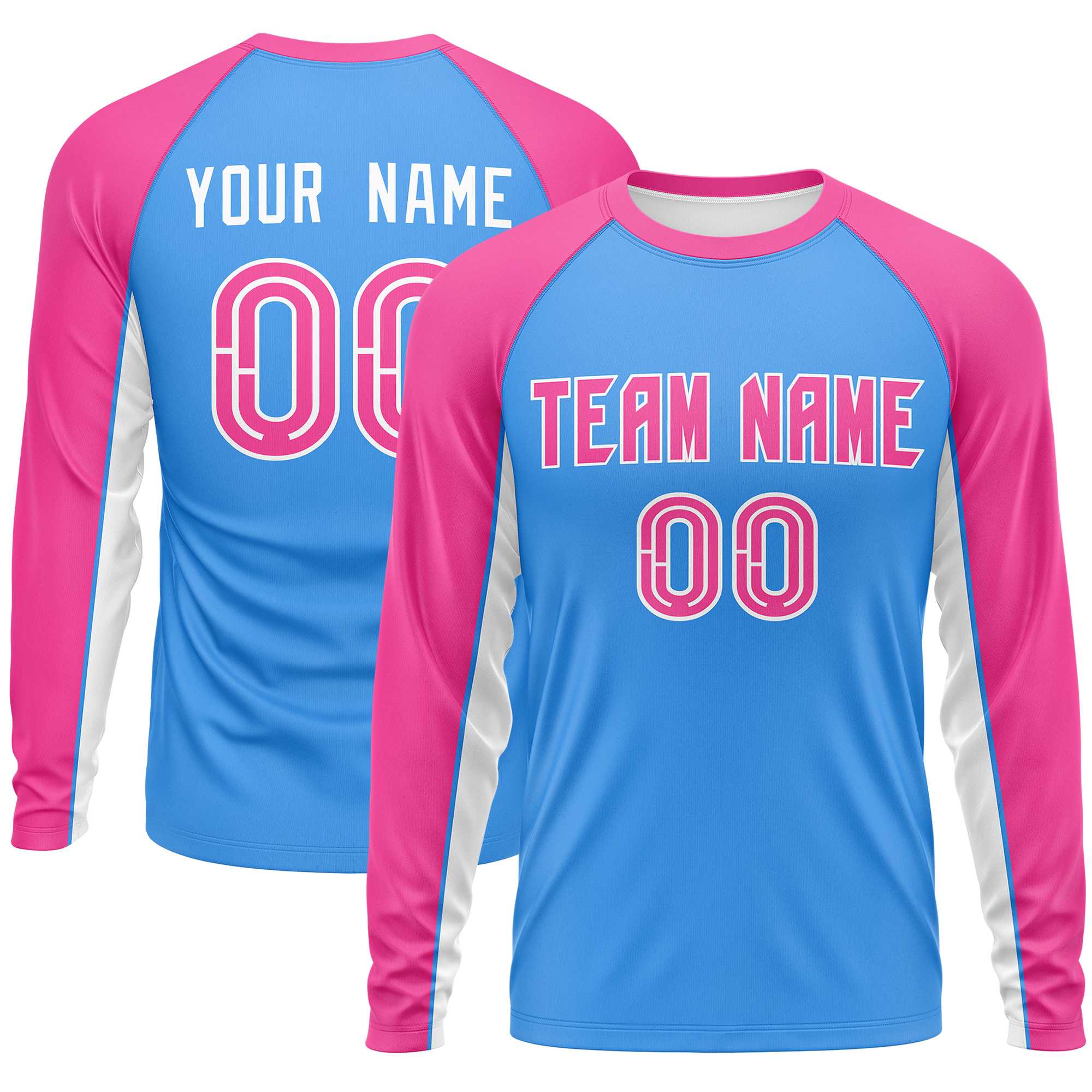 Custom Powder Blue Pink Crew Neck Raglan Long Sleeve Performance T-Shirt