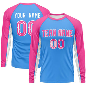 Custom Powder Blue Pink Crew Neck Raglan Long Sleeve Performance T-Shirt