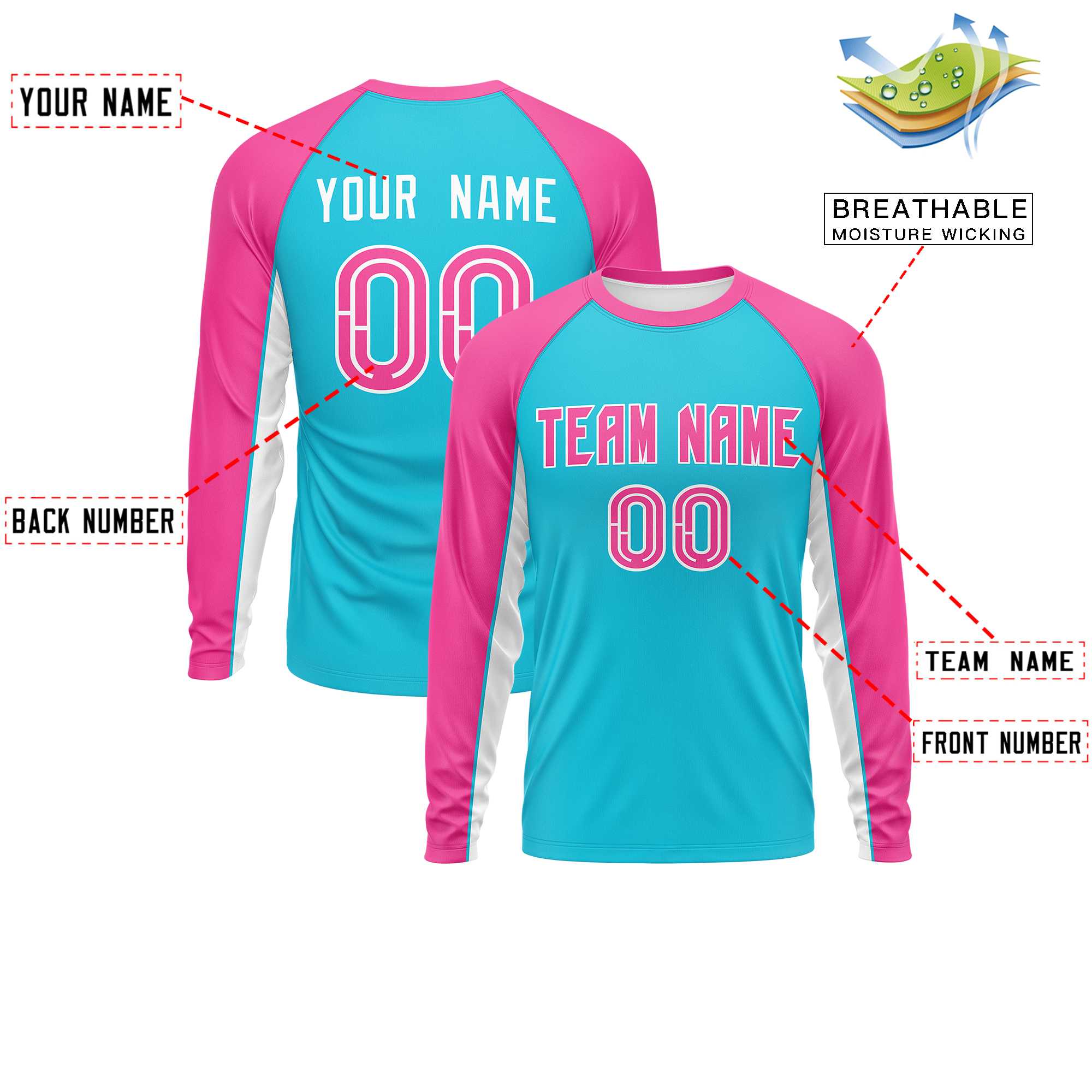 Custom Sky Blue Pink Crew Neck Raglan Long Sleeve Performance T-Shirt