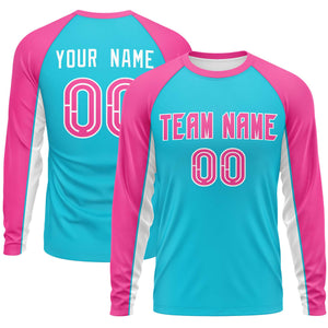 Custom Sky Blue Pink Crew Neck Raglan Long Sleeve Performance T-Shirt