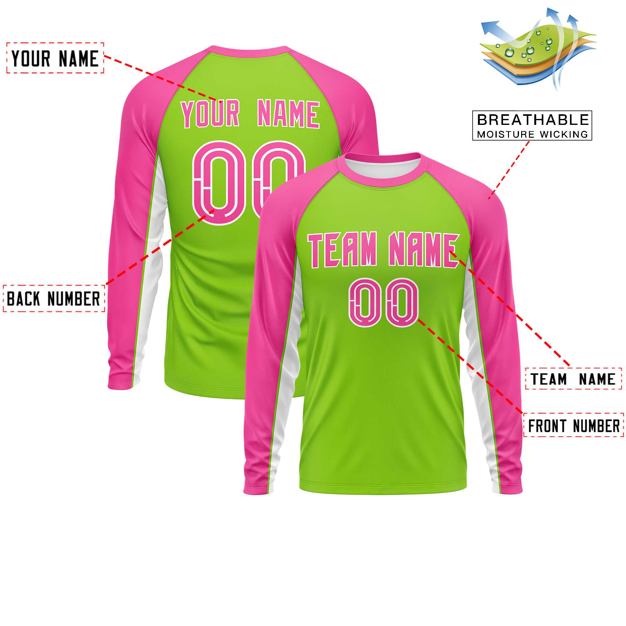 Custom Neon Green Pink Crew Neck Raglan Long Sleeve Performance T-Shirt