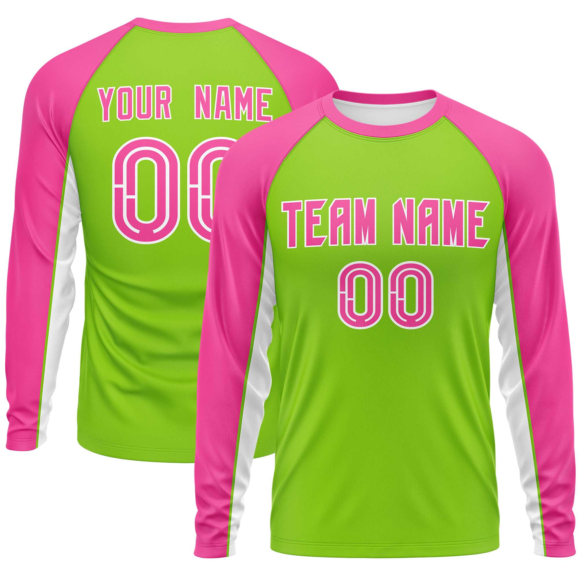 Custom Neon Green Pink Crew Neck Raglan Long Sleeve Performance T-Shirt