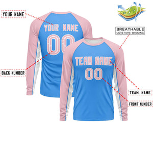 Custom Powder Blue Light Pink Crew Neck Raglan Long Sleeve Performance T-Shirt