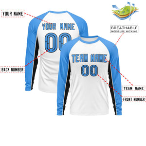 Custom White Powder Blue Crew Neck Raglan Long Sleeve Performance T-Shirt