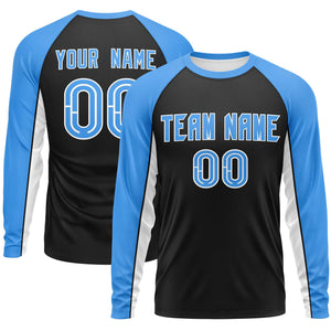 Custom Black Powder Blue Crew Neck Raglan Long Sleeve Performance T-Shirt