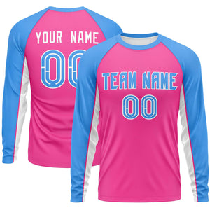 Custom Pink Powder Blue Crew Neck Raglan Long Sleeve Performance T-Shirt