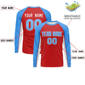 Custom Red Powder Blue Crew Neck Raglan Long Sleeve Performance T-Shirt