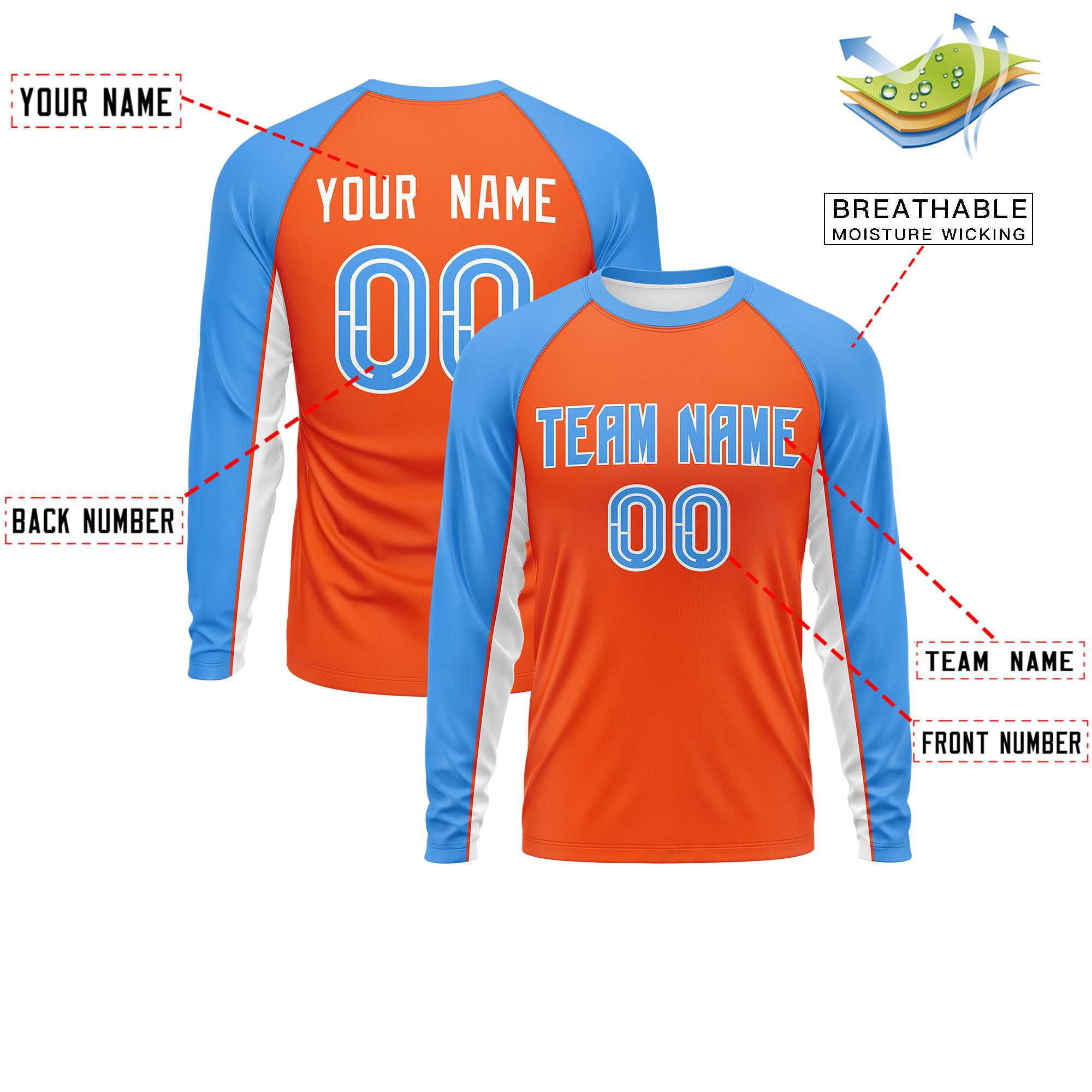 Custom Orange Powder Blue Crew Neck Raglan Long Sleeve Performance T-Shirt