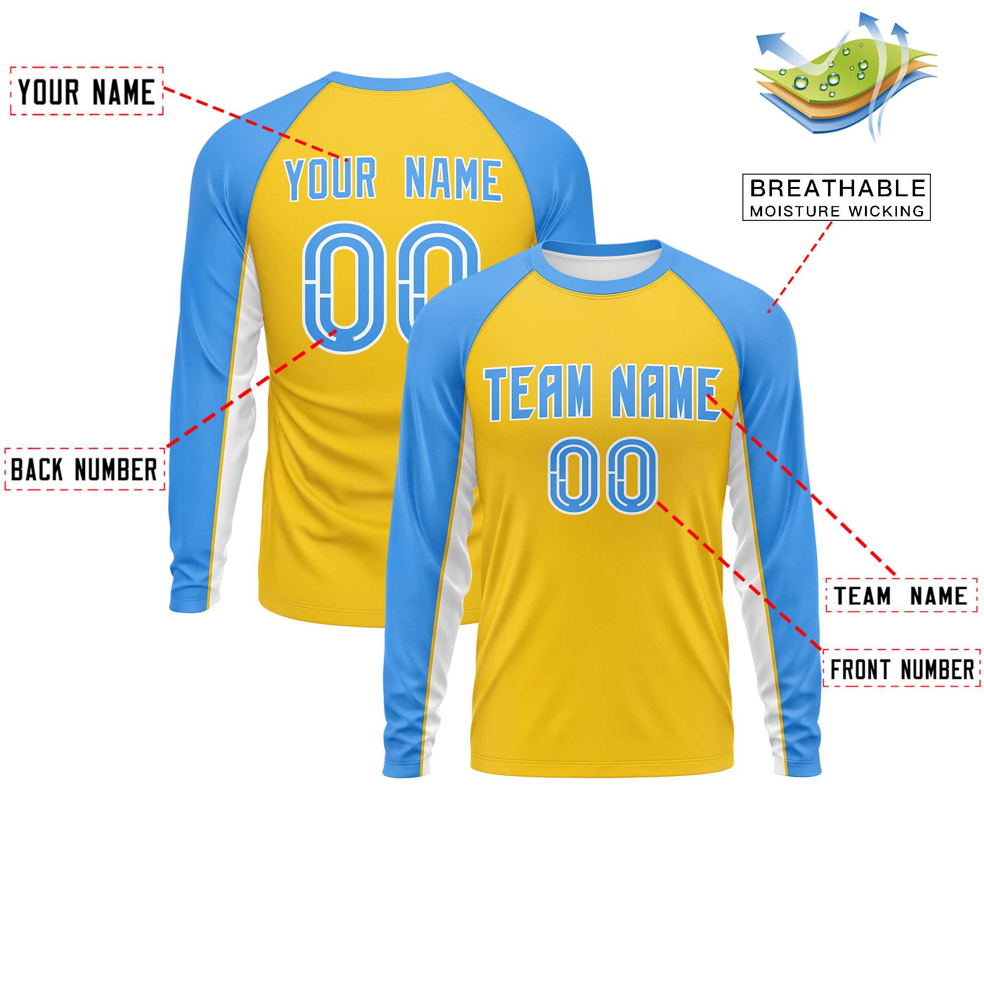 Custom Gold Powder Blue Crew Neck Raglan Long Sleeve Performance T-Shirt