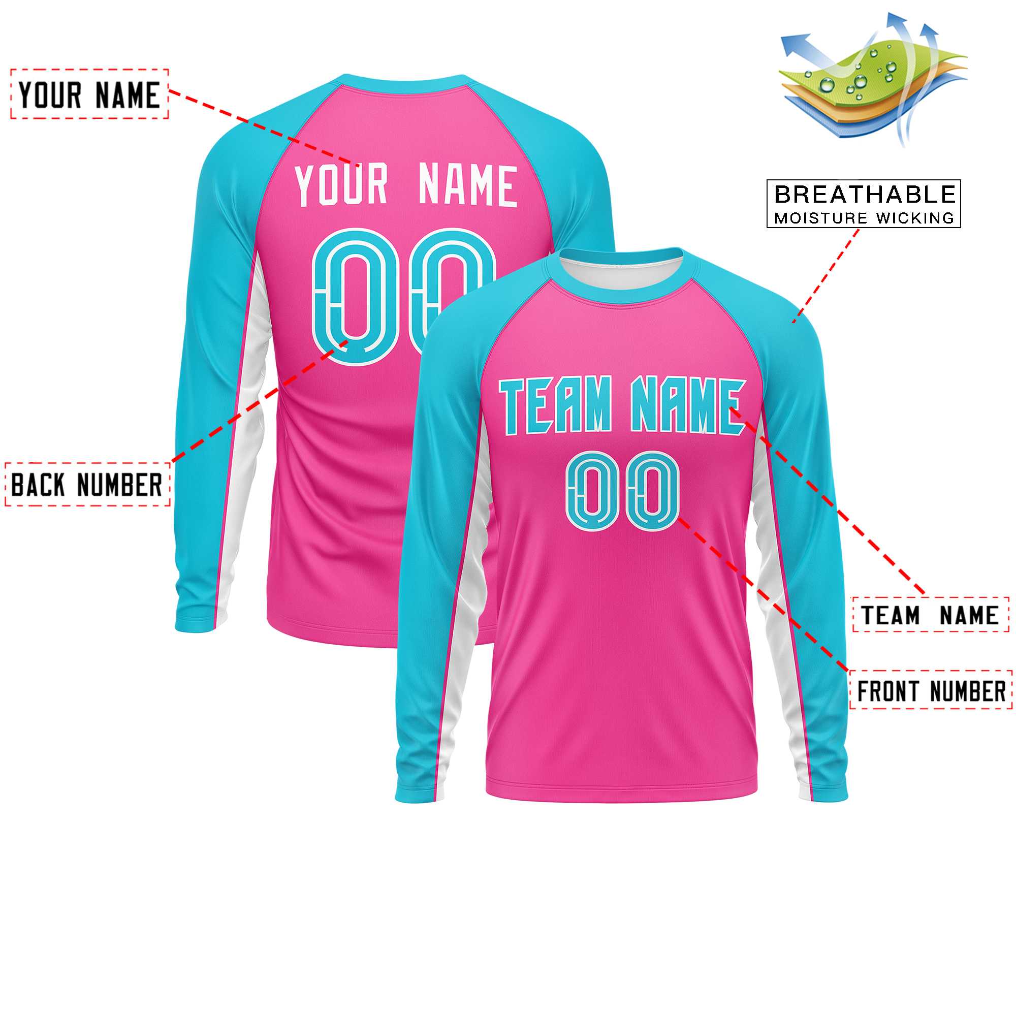 Custom Pink Sky Blue Crew Neck Raglan Long Sleeve Performance T-Shirt