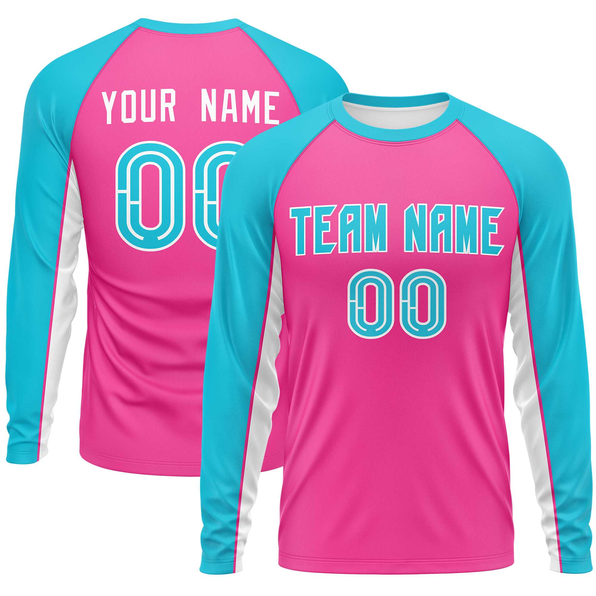 Custom Pink Sky Blue Crew Neck Raglan Long Sleeve Performance T-Shirt