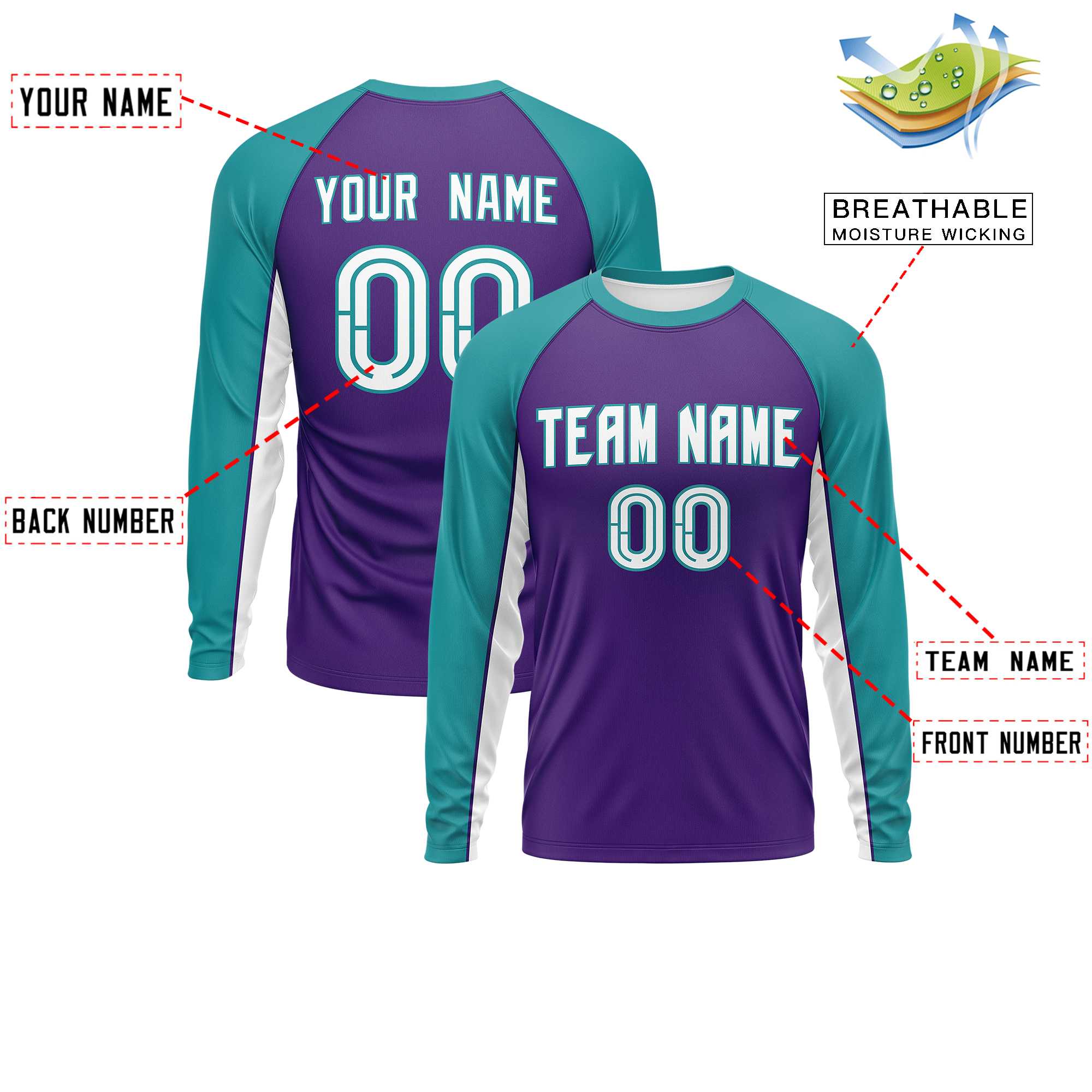 Custom Purple Aqua Crew Neck Raglan Long Sleeve Performance T-Shirt