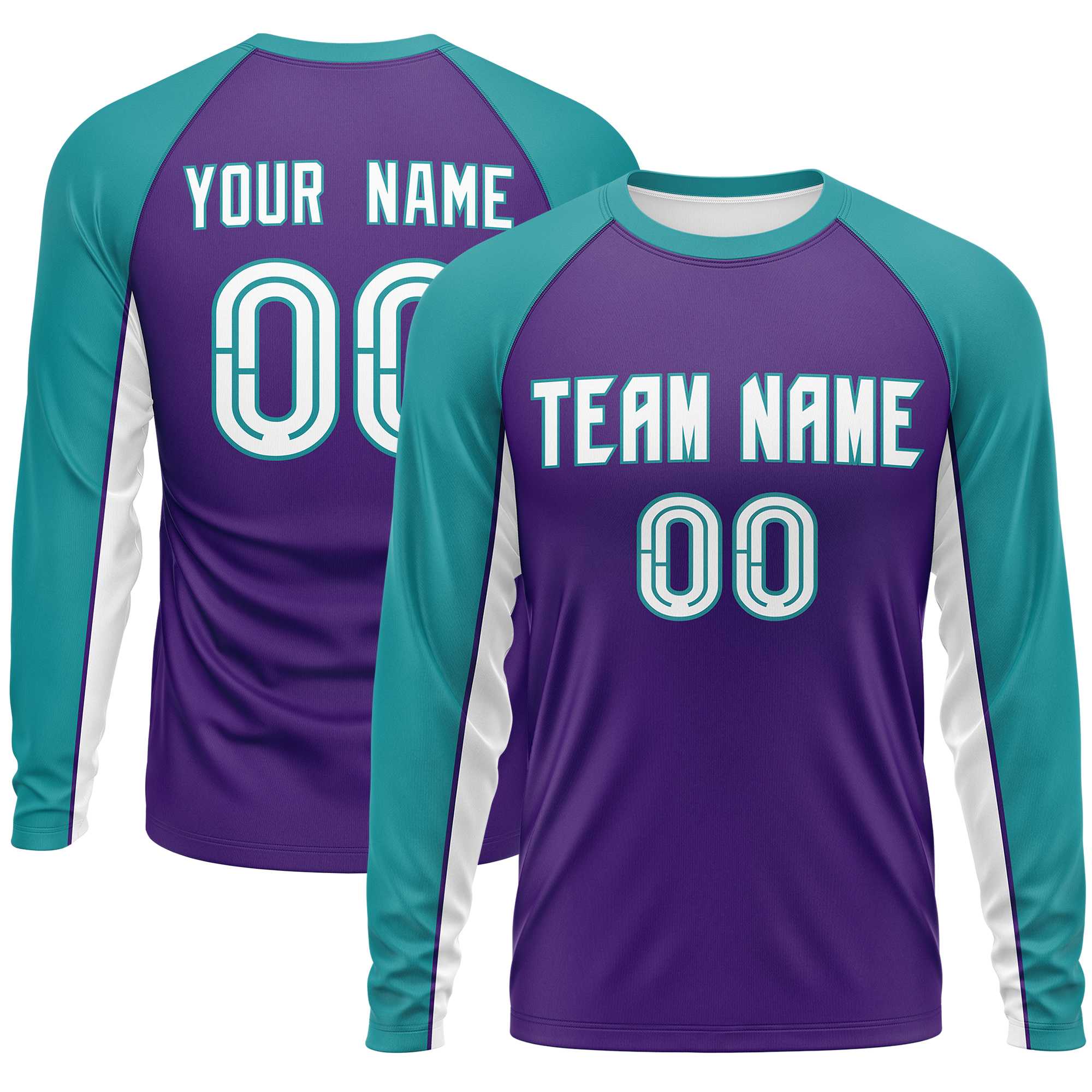 Custom Purple Aqua Crew Neck Raglan Long Sleeve Performance T-Shirt