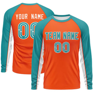 Custom Orange Aqua Crew Neck Raglan Long Sleeve Performance T-Shirt