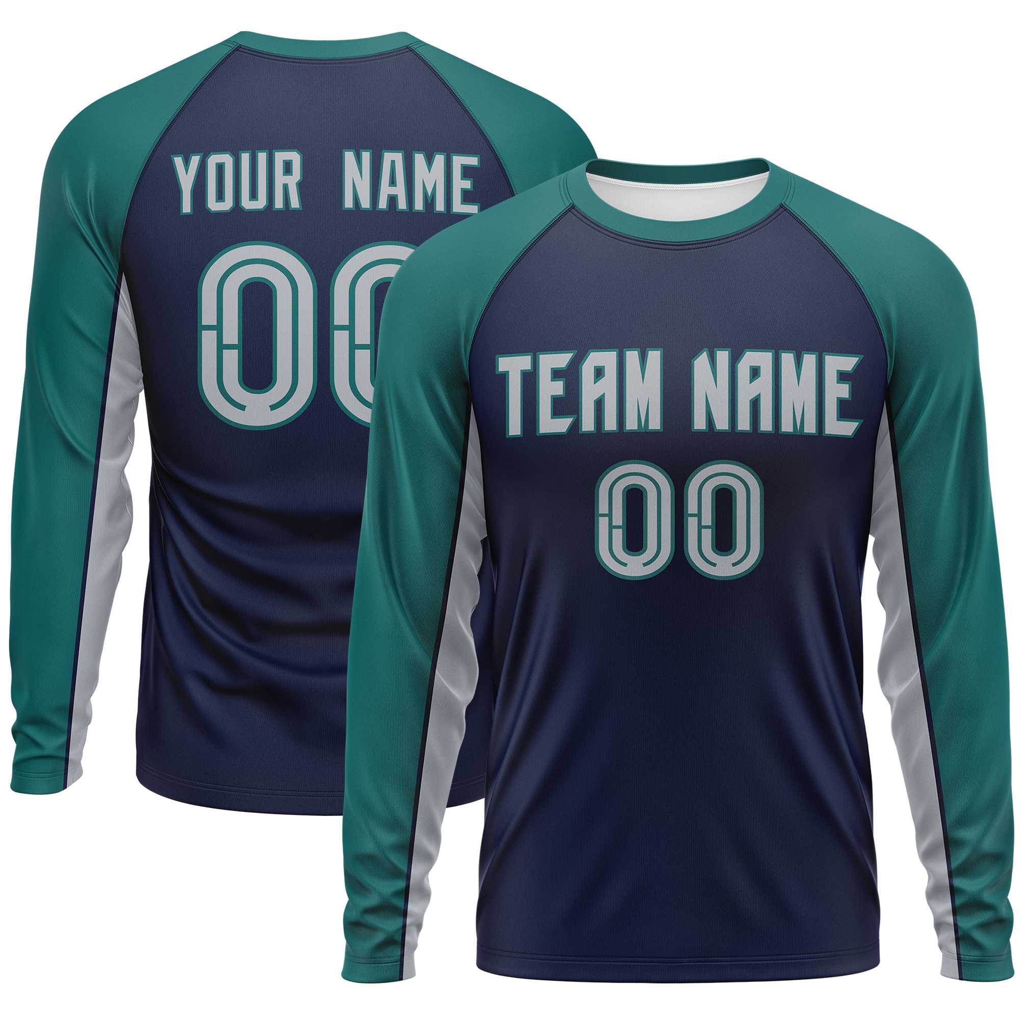 Custom Navy Aqua Crew Neck Raglan Long Sleeve Performance T-Shirt